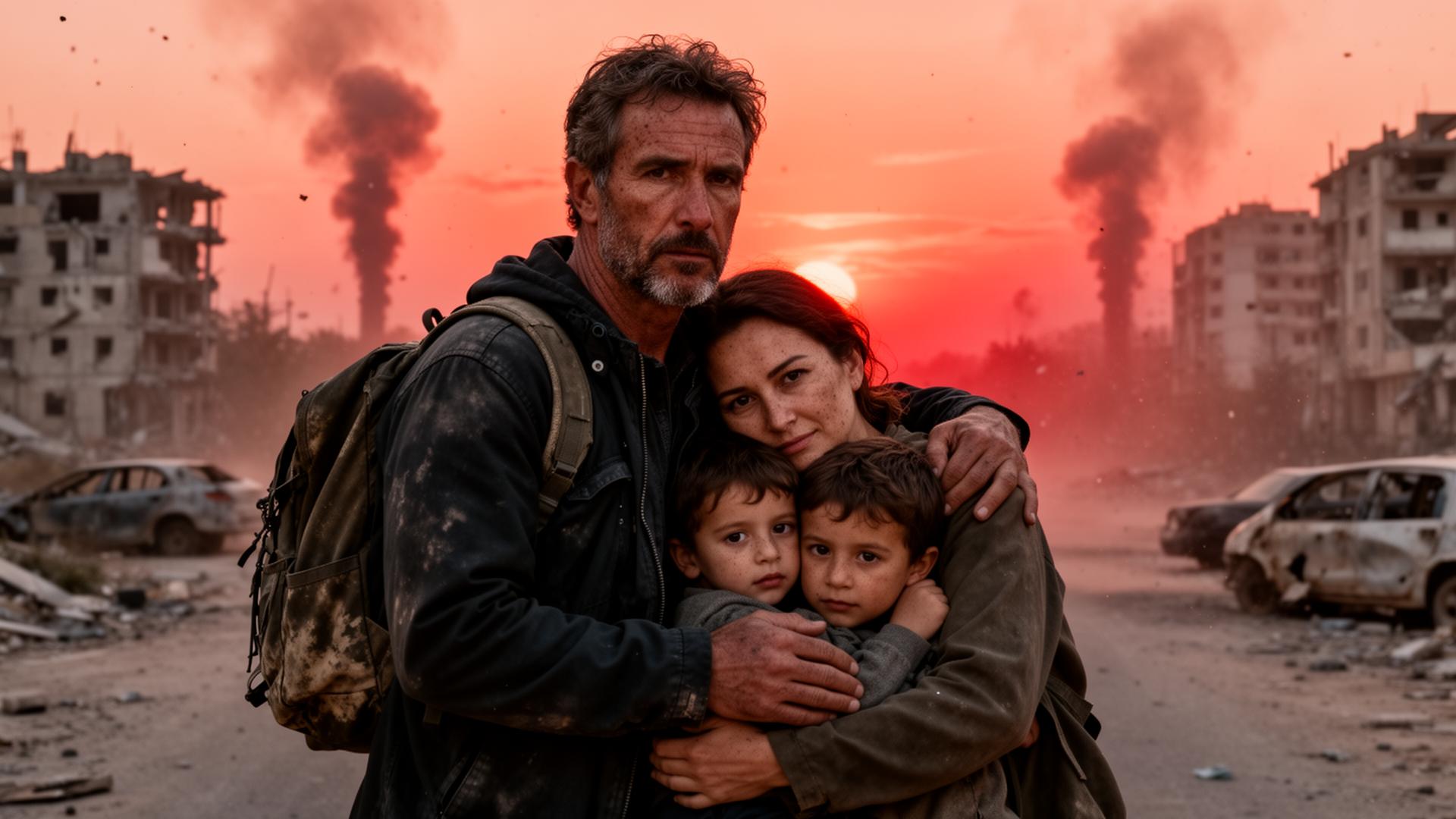 Sagoma di un padre alla finestra al tramonto, madre e figlio vicini