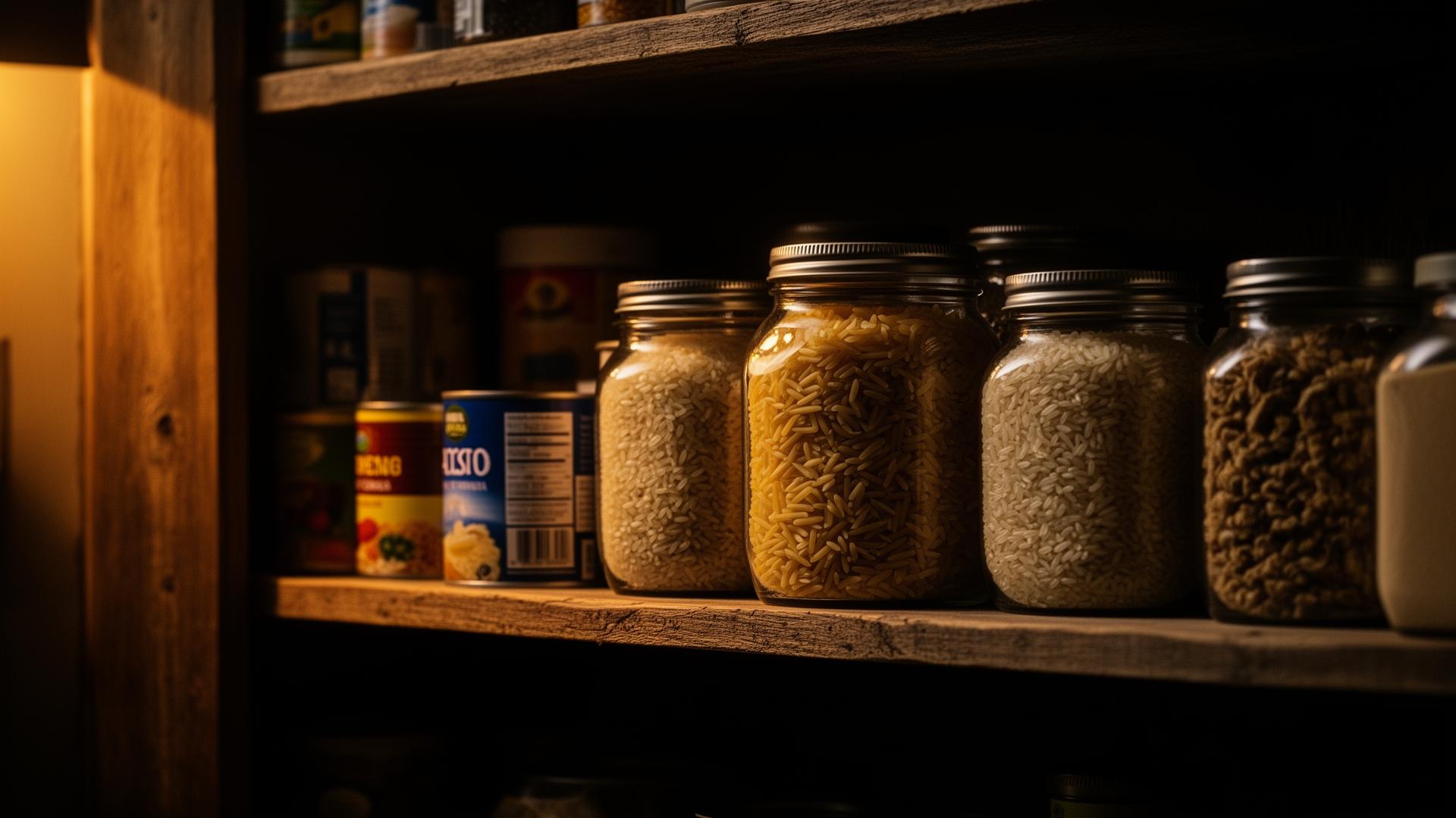 Scaffale dispensa con cereali e cibo in scatola in luce calda