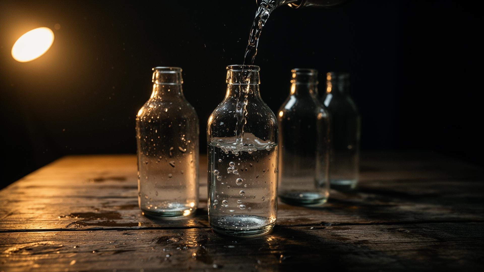 Bottiglie di vetro riempite d'acqua in luce ambrata